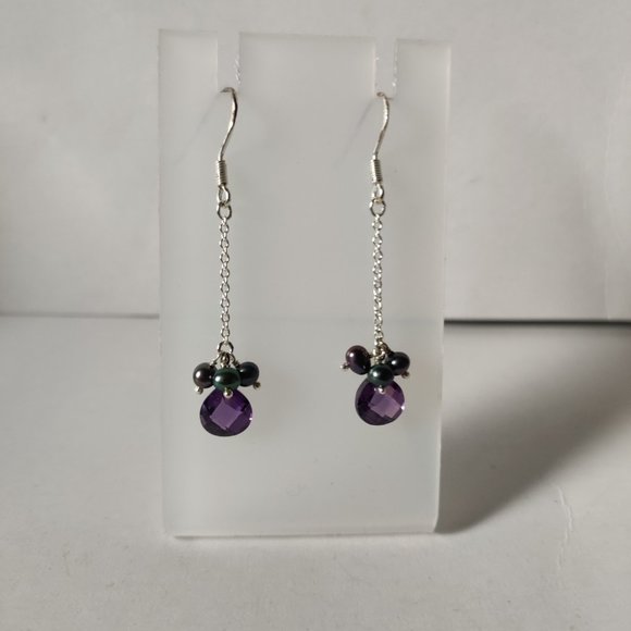 Amethyst and Pearl Dangle Earrings - Picture 2 of 8